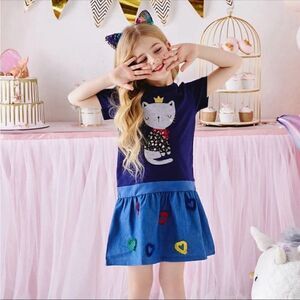 Vikita Kids Blue Short Sleeve Cat Printed Summer Denim Dress Size 4-5Y